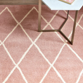 Pink Chequered Geometric Handmade Luxurious Modern Easy to clean Rug for Dining Room Bed Room and Living Room-120cm X 170cm