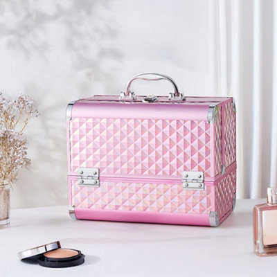 Pink Cosmetic Box 2 Trays with Mirror Professional Makeup Box Storage Organizer