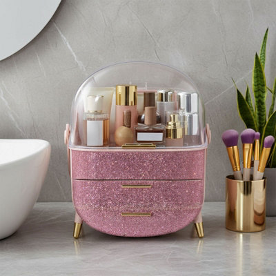Pink Countertop Portable Oval 2-Drawer Makeup Storage Box with ...