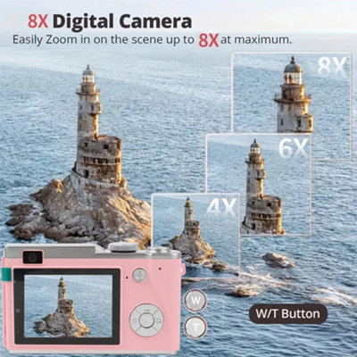 Pink Digital Camera HD 1080P, 64MP, 2.4'' LCD, 8X Zoom, Anti-Shake
