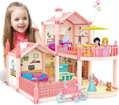 Pink Doll House Set Large 2-Story Barbie Doll Dollhouse and