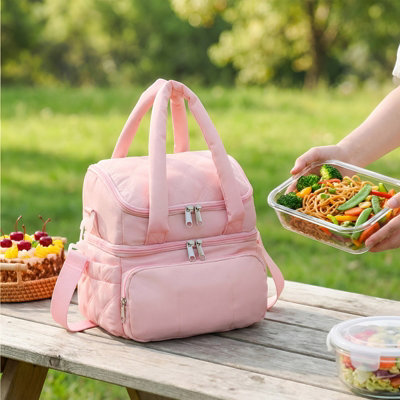 Pink Double Layer Portable Large Capacity Insulated Lunch Bag with ...
