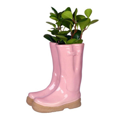 Pink Double Wellington Boots Large Ceramic Indoor Outdoor Flower Pot Garden Planter