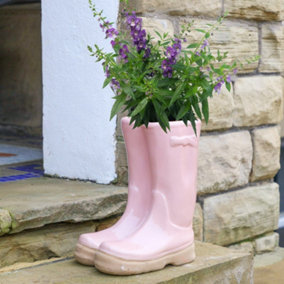 Pink Double Wellington Boots Large Ceramic Indoor Outdoor Summer Flower Pot Garden Planter Pot