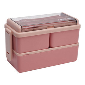 Pink Dual Layer Plastic Bento Lunch Box with Cutlery