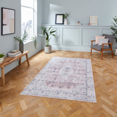 Pink Easy to Clean Bordered , Geometric Traditional Rug for Living Room ...