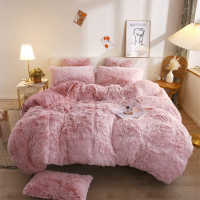 Pink Faux Fur Soft Duvet Cover Set