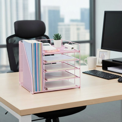 Pink Five-tier Desktop Storage Rack with Vertical File Organizer, 31cm ...
