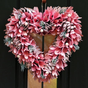 Pink Floral and Pinecone Heart 36cm Autumn Christmas Wreath
