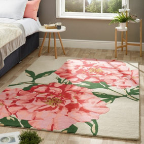Pink Floral Easy to Clean Wool Rug for Living Room, Bedroom - 120cm X 170cm