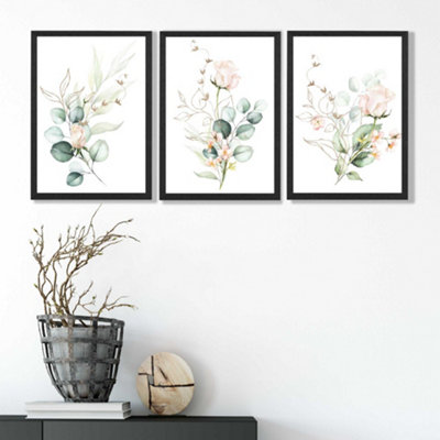 Pink Floral Roses Set of 3 Wall Art Prints with Black Frame. Size: A4