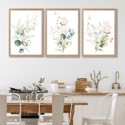Pink Floral Roses Set of 3 Wall Art Prints with Oak Frame. Size: A2