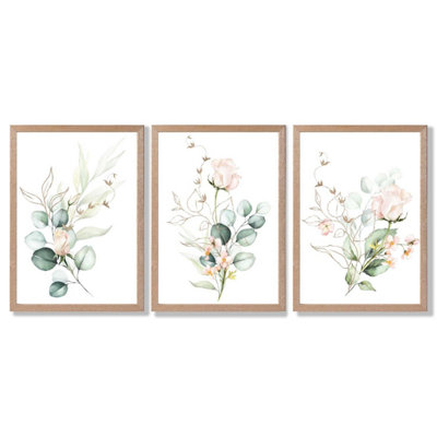 Pink Floral Roses Set of 3 Wall Art Prints with Oak Frame. Size: A4