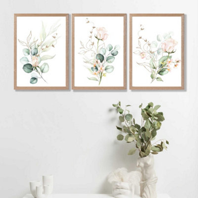 Pink Floral Roses Set of 3 Wall Art Prints with Oak Frame. Size: A4