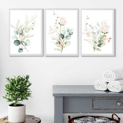 Pink Floral Roses Set of 3 Wall Art Prints with White Frame. Size: A3
