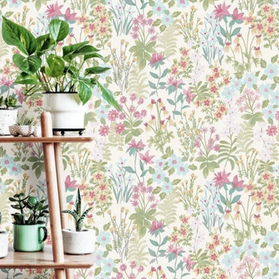 Pink Floral Wallpaper 0.53m x 10.05m for Living Room Feature Wall