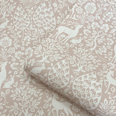 Pink Floral Wallpaper Deer Rabbits Leaves Slightly Textured Feature Wall Bedroom
