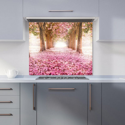 Pink Flower Tree Tunnel Premium Glass Kitchen Splashback W900mm x H650mm