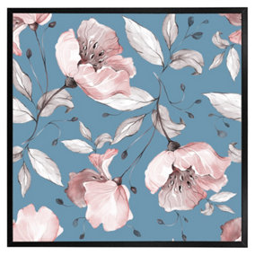 Pink flowers on blue (Picutre Frame) / 16x16" / White