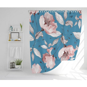 Pink Flowers on Blue (Shower Curtain) / Default Title