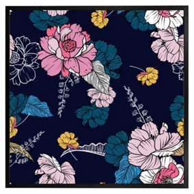Pink flowers on navy (Picutre Frame) / 12x12" / Grey