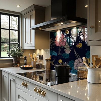 Pink Flowers On Navy Splash Back designer style
