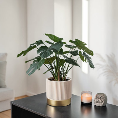 Pink Fluted Ceramic Indoor Plant Pot with Gold Base (H14 x W14cm)