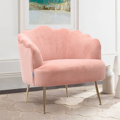 Pink Frosted Velvet Effect Shell Shape Accent Chair Tub Chair with Gold Legs