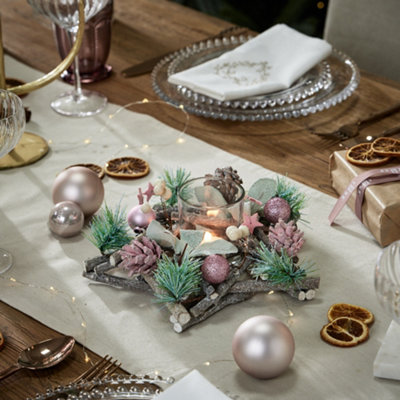 Table decorated with popular mosaic tiles and pebbles pink - grey