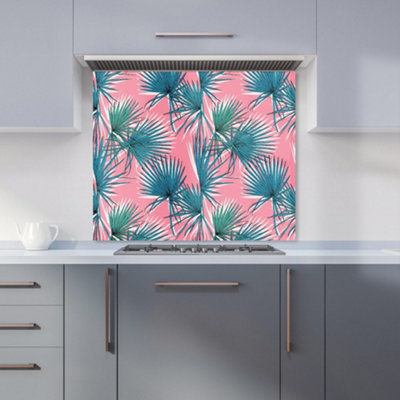 Pink Green Fan Palms Premium Glass Kitchen Splashback W600mm x H750mm