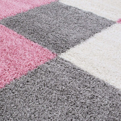 Pink Grey and Ivory Soft Checkerboard Design Fluffy Shaggy Rugs and ...