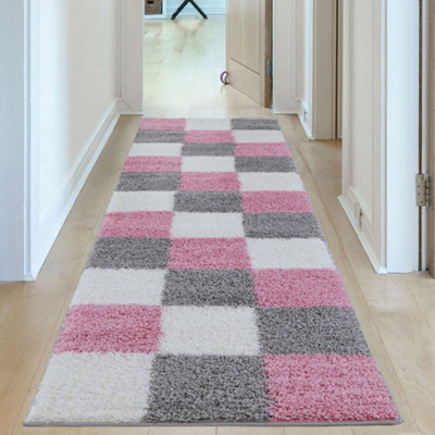Pink Grey and Ivory Soft Checkerboard Design Fluffy Shaggy Rugs and ...
