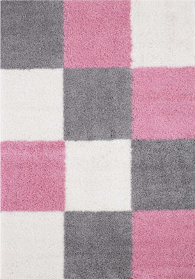 Pink Grey and Ivory Soft Checkerboard Design Fluffy Shaggy Rugs and ...