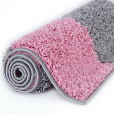 Pink Grey and Ivory Soft Checkerboard Design Fluffy Shaggy Rugs and ...