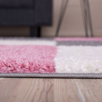 Pink Grey and Ivory Soft Checkerboard Design Fluffy Shaggy Rugs and ...