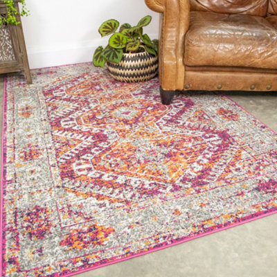 Pink Grey Bordered Geometric Distressed Area Rug 200x290cm