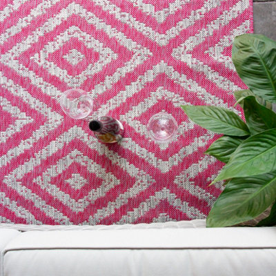 Pink Grey Diamond Geometric Flatweave Indoor Outdoor Rug 120x170cm