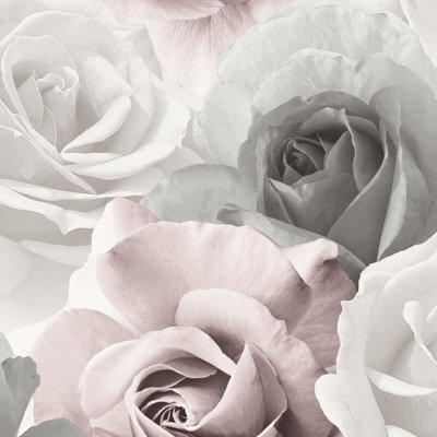 Pink Grey White Floral Rose Bloom Flower Wall Mural Feature Wallpaper