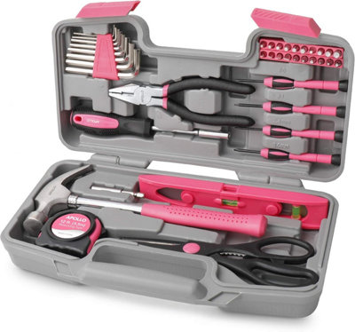 Pink Hand Tool Kit Set for Ladies with Precision Screwdriver in Box Apollo 39pc