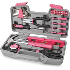 Pink Hand Tool Kit Set for Ladies with Precision Screwdriver in Box Apollo 39pc
