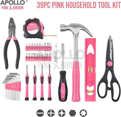 Pink Hand Tool Kit Set for Ladies with Precision Screwdriver in Box Apollo 39pc