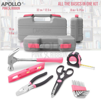 Pink Hand Tool Kit Set for Ladies with Precision Screwdriver in Box Apollo 39pc