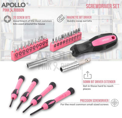 Pink Hand Tool Kit Set for Ladies with Precision Screwdriver in Box Apollo 39pc