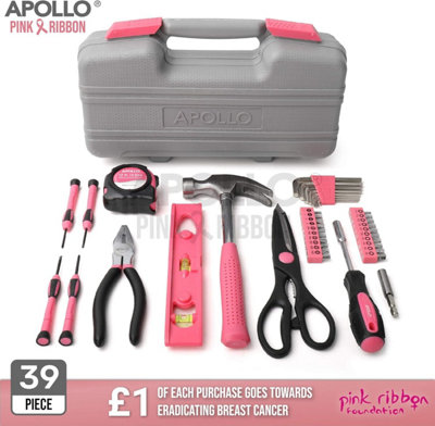Pink Hand Tool Kit Set for Ladies with Precision Screwdriver in Box Apollo 39pc