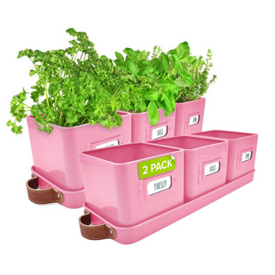 Pink Herb Pots for Kitchen Windowsill with Leather-Handled Tray - Indoor Planter for Herbs, Flowers, and Plants with Label