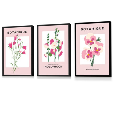 Pink Hollyhock Flower Market Set of 3 Wall Art Prints with Black Frame ...