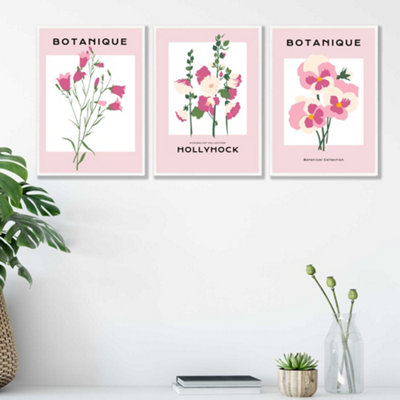 Pink Hollyhock Flower Market Set of 3 Wall Art Prints with White Frame ...