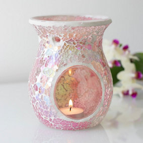 Pink iridescent Glass Flared Oil, Wax Melt Burner. Mirrored Crackle Effect. H14 cm