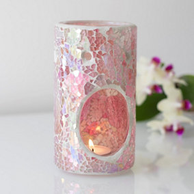 Pink Iridescent Glass Pillar Shaped Oil, Wax Melt Burner. Mirrored Crackle Effect. H14.5 cm