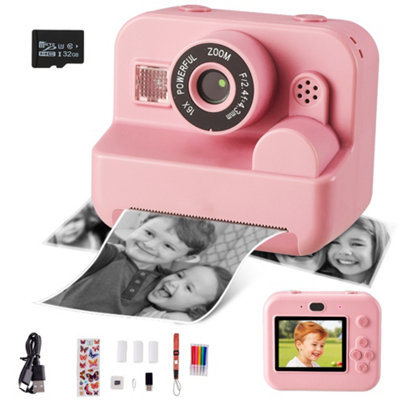 Pink Kids Camera Instant Print with 32GB Card and 3 Rolls Photo Paper